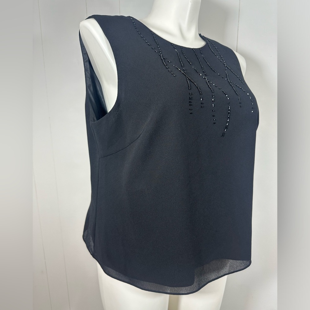Adrianna Papell 1X Top Black Sleeveless Beaded Round Neck Lined Blouse Chiffon - Picture 3 of 9